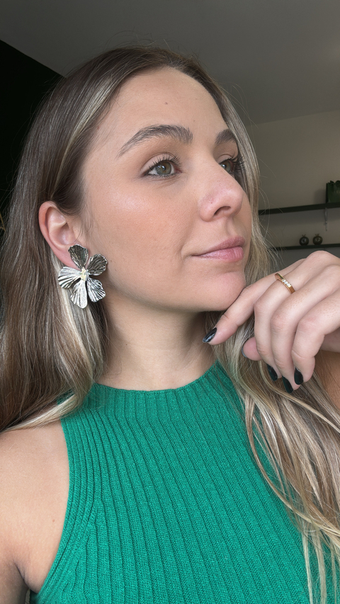 Brinco Flor Grande Ródio Branco