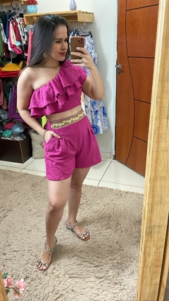Conjunto Cropped + Short em viscolinho pipoquinha