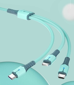 Cabo USB 3 em 1 compátivel com iPhone Tipo C MICROUSB cabo rápido silicone liquido com luz indicadora Carregamento 5A Cabo de dados carro smartphone - Navarro Comercio