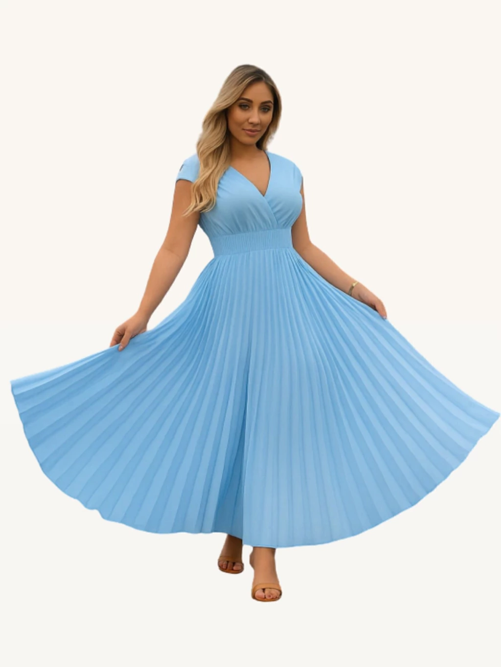 Vestido Longo Plissado Elegância com Gola V e Lastex na Cintura — Class