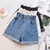 Ruffles Denim Shorts Cintura Elástica Moda Coreana Perna Larga Shorts A-line Ca - loja online