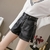 Calções de couro punk PU feminino com zíper, cintura alta, perna larga, elegante