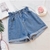 Ruffles Denim Shorts Cintura Elástica Moda Coreana Perna Larga Shorts A-line Ca - comprar online
