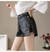 Calções de couro punk PU feminino com zíper, cintura alta, perna larga, elegante - BÉKA SHOPS