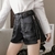 Calções de couro punk PU feminino com zíper, cintura alta, perna larga, elegante
