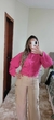 CAMISA ROSA MANGA LONGA COM DETALHES EM GUIPIR E MANGA PLISSADA