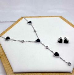 Conjunto Coração Resinado Prata c/ Strass (Aço Inoxidável)