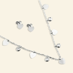 Conjunto Corações com Strass e Bolinhas Prata (Aço Inoxidável)