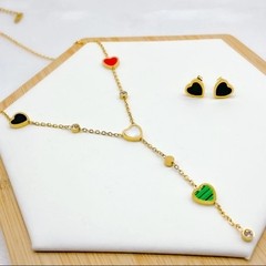 Imagem do Conjunto Coração Resinado Dourado c/ Strass (Aço Inoxidável)