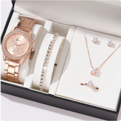 6 Peças Conjunto de Luxo Relógio Feminino, Anel, Colar, Brincos Strass Moda Relógio de Pulso Feminino Casual Senhoras relógios pulseira conjunto relógio