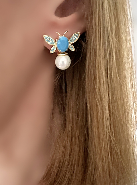 Brinco abelha perola shell banhado a ouro 18 k cravejado com nano zirxonias turquesaa