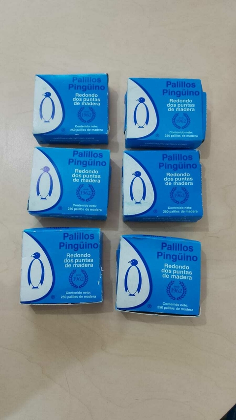 Paquete de 5 cajas de palillos de madera de doble punta pingüino