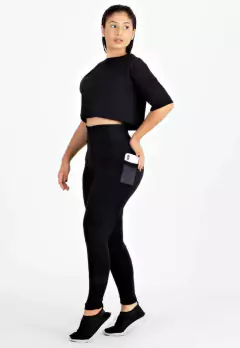 Imagem do Conjunto Fitness Cropped Preto + Calça Legging com Bolso Tela