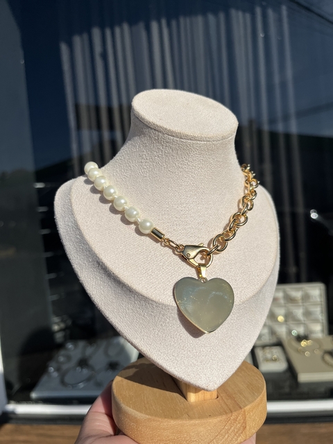 Colar misto pérola coração