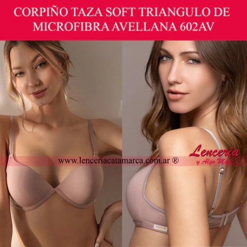 Composición fotográfica de dos imágenes de una modelo luciendo un corpiño de microfibra en color avellana. En la imagen de la izquierda (vista frontal), se destaca el diseño de triángulo con taza soft y escote en V. En la imagen de la derecha, se aprecia 