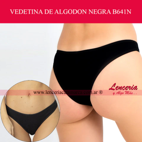 Dos tomas fotográficas de una vedetina clásica de algodón en color negro liso. En la imagen principal se observa una vista posterior que destaca el calce limpio y cómodo sobre el cuerpo de la modelo. En un recuadro circular en la parte inferior izquierda 