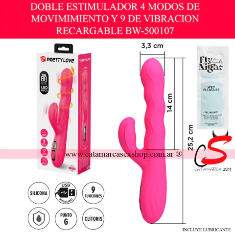doble estimulador vibrador pretty love recargable de silicona color rosa con pantalla led, 9 modos de vibracion y 4 de movimiento para estimulacion de clitoris y punto g.