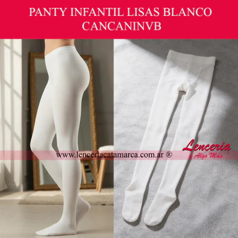 Composición fotográfica que muestra unas medias panty (cancán) infantiles color blanco. A la izquierda, un acercamiento frontal a las piernas vistiendo las medias lisas y abrigadas. En un recuadro circular a la derecha, se observa el uso práctico de la pr