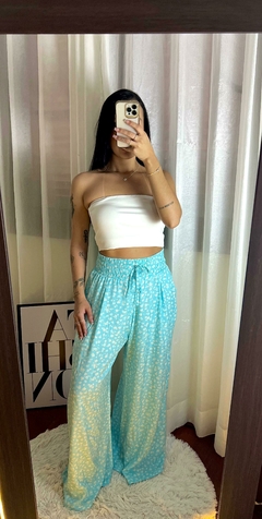 Calça Floral Pantalona Azul Tiffany - comprar online