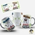 Caneca Gino Sincero com frases divertidas sobre paz e perturbação, ilustrada com personagem cômico e bolinhas coloridas.