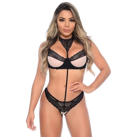 Conjunto Fio Tule Sem Bojo Rendado Preto