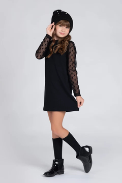 Vestido Manga Longa Tule Poá