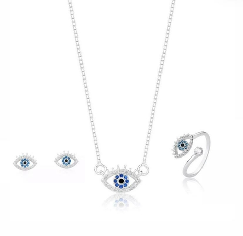 Conjunto Colar Brinco e Anel Olho Grego Cravejado