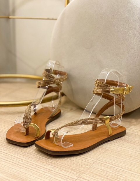 Rasteira Lory Cobra Strass Em Couro Legítimo