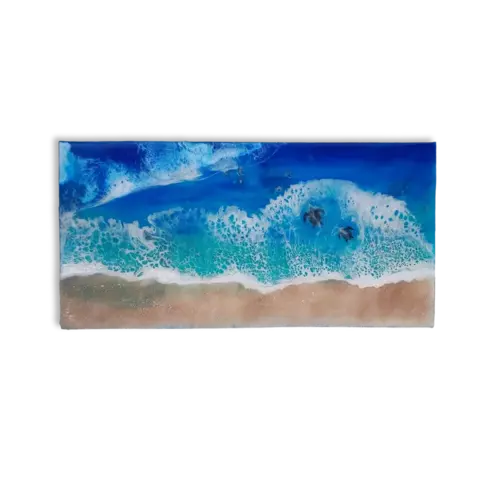 Quadro artesanal em resina epóxi com ondas e tartarugas sobre tela.