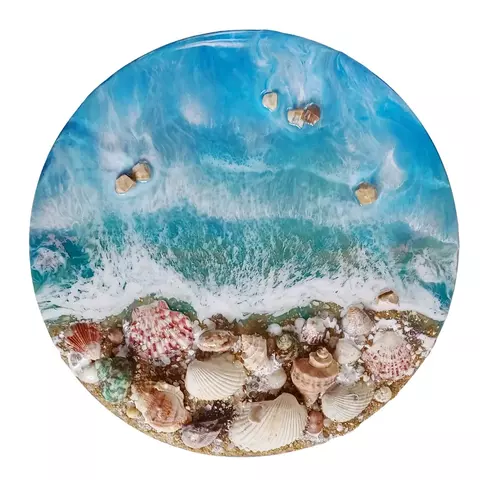 Quadro redondo em resina epóxi com conchas naturais
