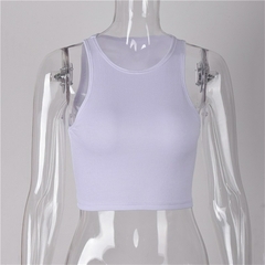 Top curto feminino, sem mangas, decote em O, tops monocromáticos, preto, colete - loja online