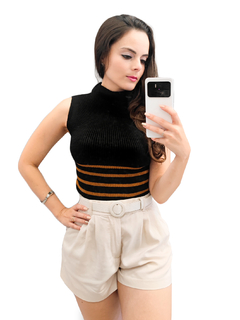 Regata Gola Alta Feminina Blusa Tricot Modal Listras Moda