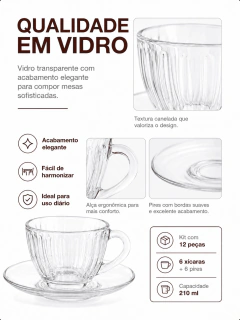Jogo Xícara de Café Chá Caneca de Vidro Pires 12 Peças 210ml - loja online