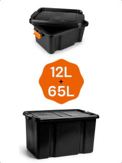 Kit Caixa Organizadora 65L+12L Tampa Trava Plástico Multiuso