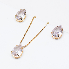 Conjunto de brinco e colar gota cristal banhado a ouro 18k