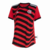 Camisa feminina do Flamengo III 2022/23 com listras vermelhas e pretas, logo do clube e detalhes da Adidas.