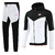 Conjunto de moletom Nike Tech Fleece, composto por jaqueta com zíper e calça ajustada, nas cores preto e branco, com detalhes em rosa.