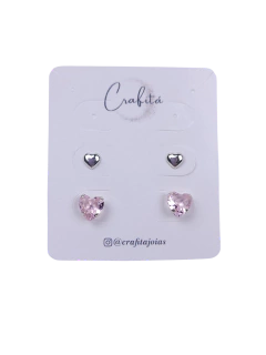 Crafitá - Kit de brincos coração rosa em prata 925
