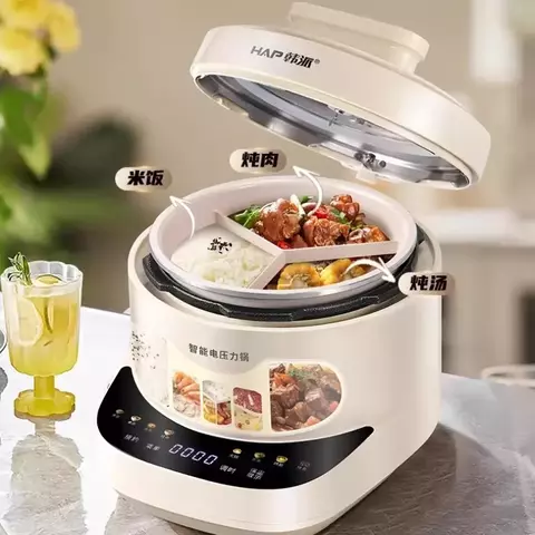 Panela de Pressão Elétrica com Três Compartimentos e Panela Interna Dupla Multifunção