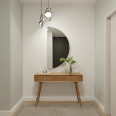 Espelho orgânico polido em um ambiente moderno, com mesa de madeira e planta decorativa.