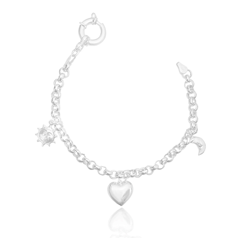 Pulseira Elo Português 5,4mm c/ Sol, Lua e Coração (Fecho Boia) (9,6g) (PRATA 925)