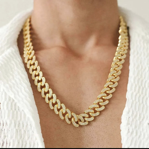 Corrente Cuban Link Cravejada em Zircônia 15mm (Fecho Gaveta Duplo) (Banho Ouro 18k)