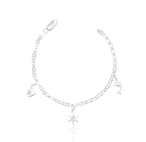 Pulseira Elo Português 3,5mm c/ Berloque Peixe, Estrela e Golfinho (Fecho Garra) (PRATA 925)