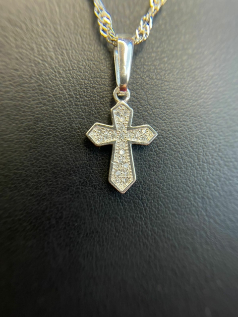 Colar Singapura + Pingente Crucifixo Cravejado (Fecho Tradicional) (Prata 925) - comprar online