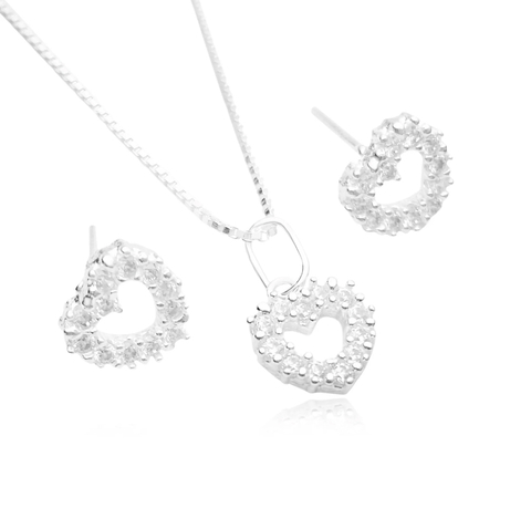 Conjunto Colar Veneziana Coração Vazado 12 Pedras 50cm + Brinco (PRATA 925)