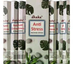Dhaka Anti Estress Incienso El paquete contine 6 tubos hexagonales de 20 varitas cada uno.