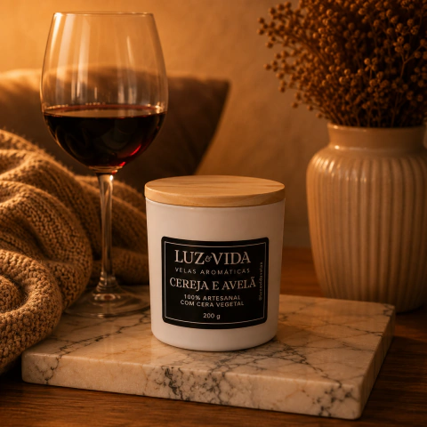 Vela Aromática Cereja e Avelã - Linha Luxo Branca 200 g