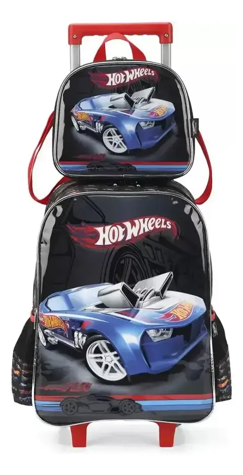 Kit Mochila Infantil de Rodinhas + Lancheira Térmica Hot Wheels Luxcel