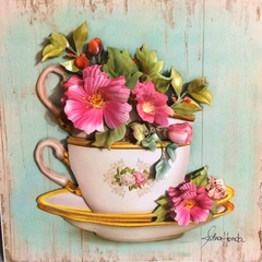 Quadro xícaras flores cor de rosa