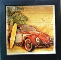 Quadro Carros - Fusca vermelho com prancha de surf